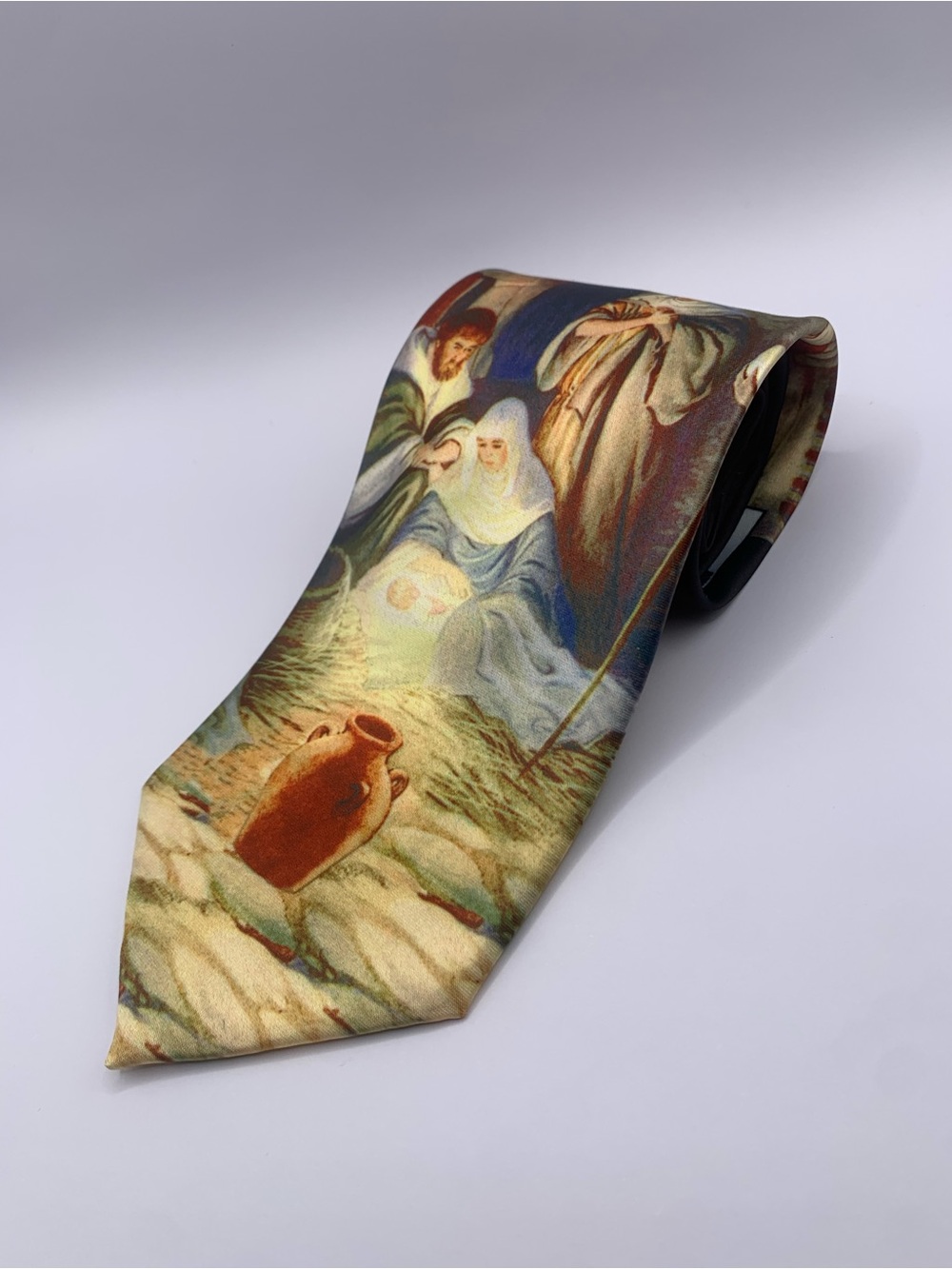 Men's Nativity Print Silk Tie - Blue & Cream Religious Jesus Christian Art Tie